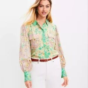 LOFT Utility Shirt Blouse Medium M Floral Crepe Boho Balloon Western Pastel